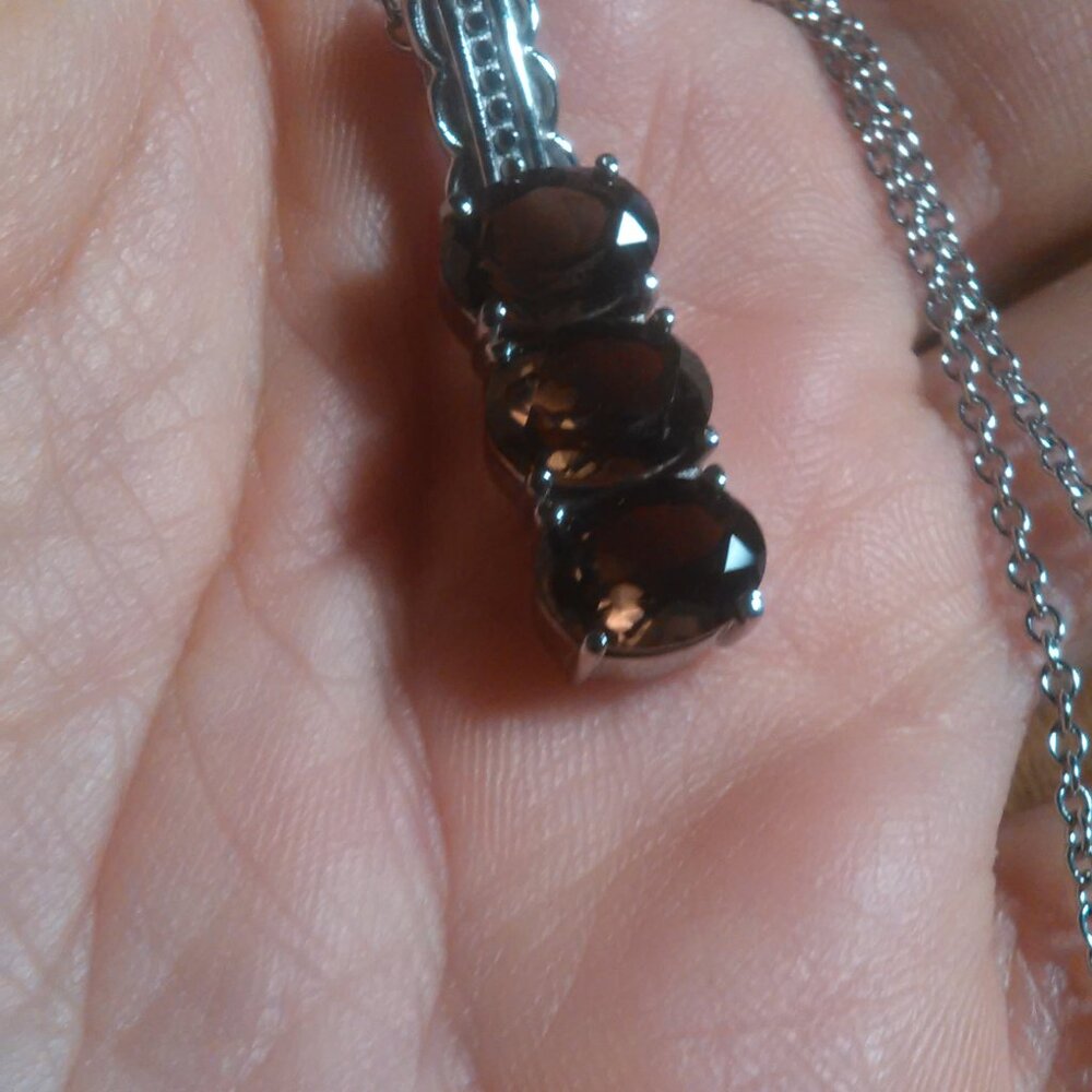 Brazilian Smokey Quartz Three Stone Stainless Steel Pendant Necklace - Picture 12 of 14